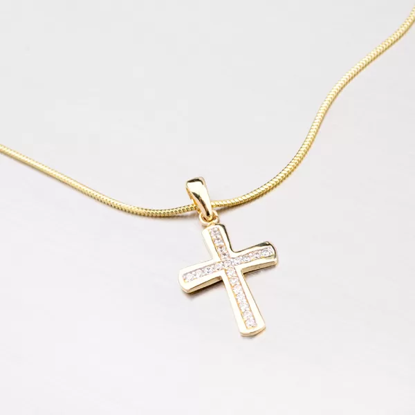 Zlatý přívěsek ve tvaru kříže se zirkony 43-21343