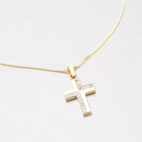 Zlatý přívěsek ve tvaru kříže se zirkony 43-21344