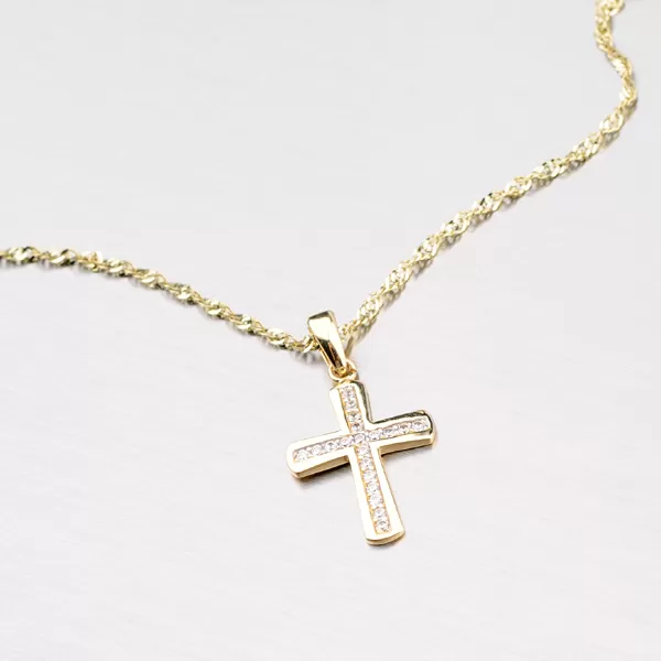 Zlatý přívěsek ve tvaru kříže se zirkony 43-21343