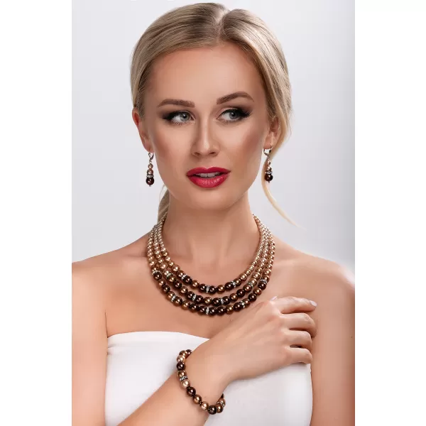 Stříbrné náušnice visací se syntetickými perlami a krystaly Swarovski hnědé kulaté 31150.3