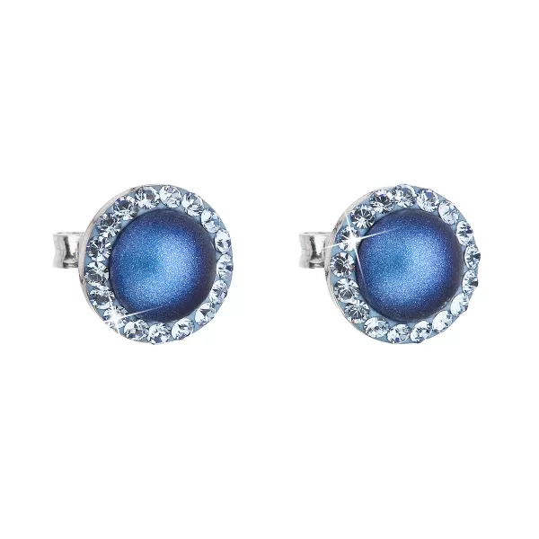 Stříbrné náušnice pecka s krystaly Swarovski a tmavě modrou matnou perlou kulaté 31214.3