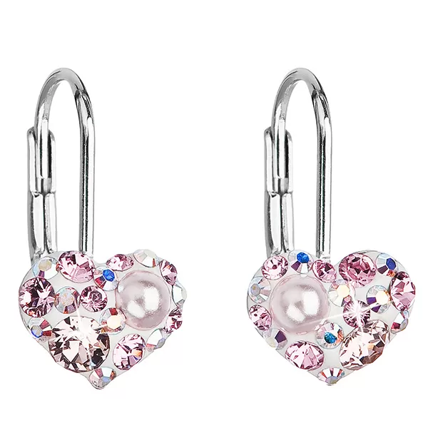 Stříbrné náušnice visací s krystaly Swarovski růžové srdce 31125.9