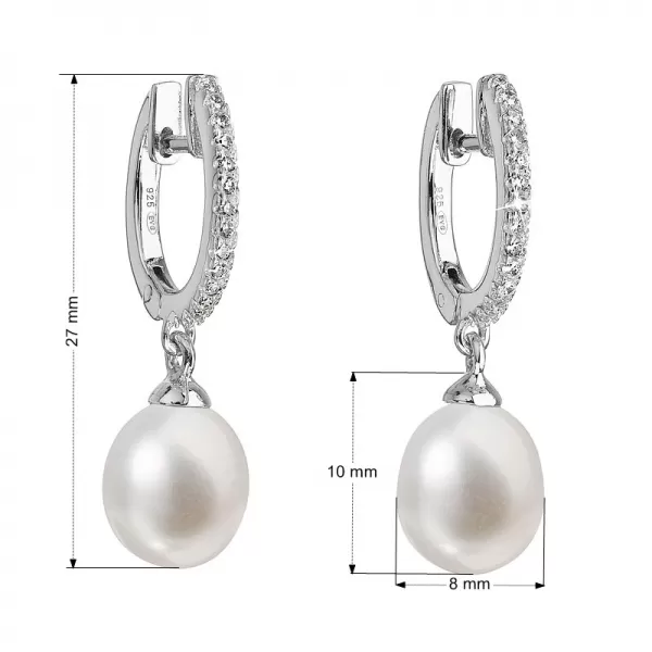 Stříbrné náušnice visací s bílou říční perlou 21002.1