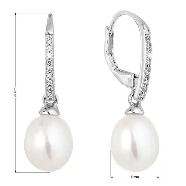 Stříbrné náušnice visací s bílou říční perlou 21060.1