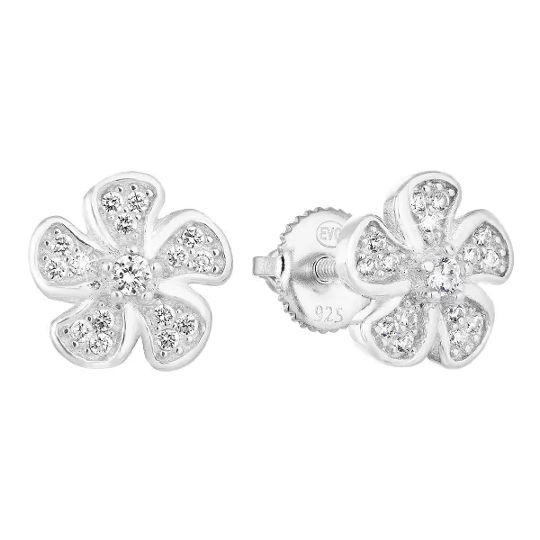 Stříbrné náušnice pecka se zirkonem bílá kytička 11310.1