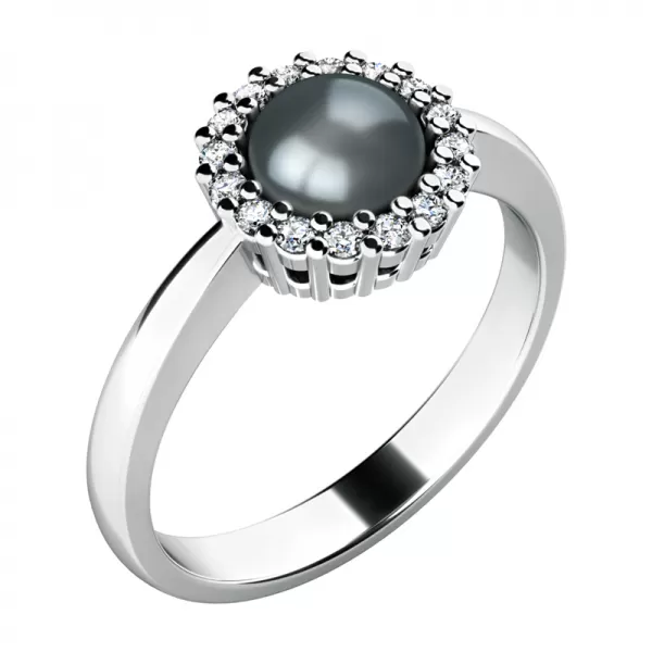 Prsten s černou perlou a diamanty 10928-B-FW-Black