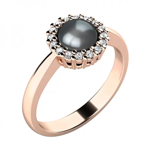 Prsten s černou perlou a diamanty 10928-CV-FW-Black