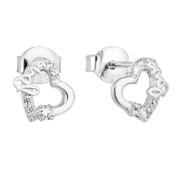 Stříbrné náušnice pecka se zirkonem bílé srdce 11051.1