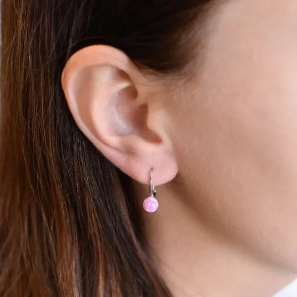 Stříbrné visací náušnice se syntetickým opálem růžové kulaté 11242.3