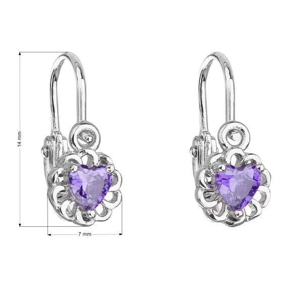 Stříbrné dětské náušnice visací se zirkonem fialové srdce 11173.3