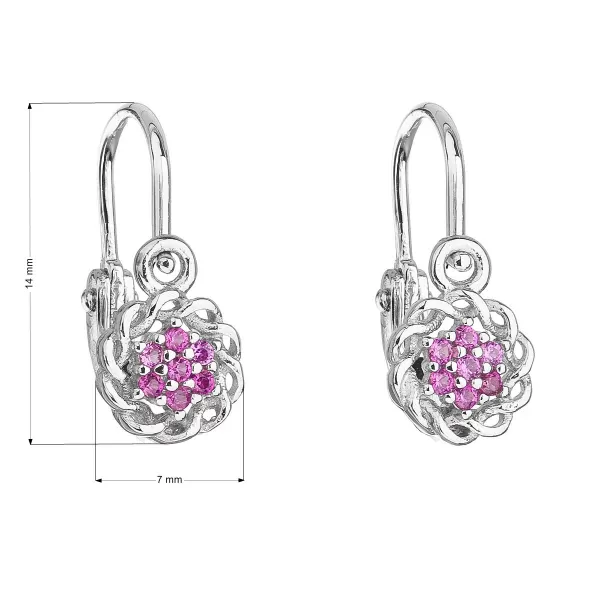 Stříbrné dětské náušnice visací se zirkonem růžová kytička 11176.3