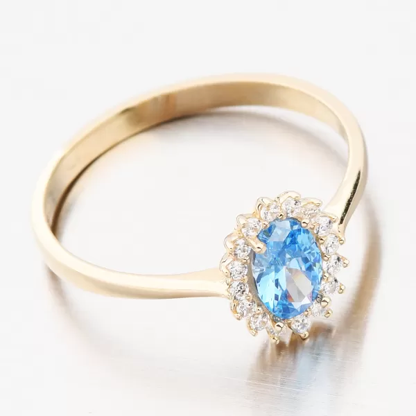Dámský prsten žluté zlato 585 zirkon s akvamarín 11-322