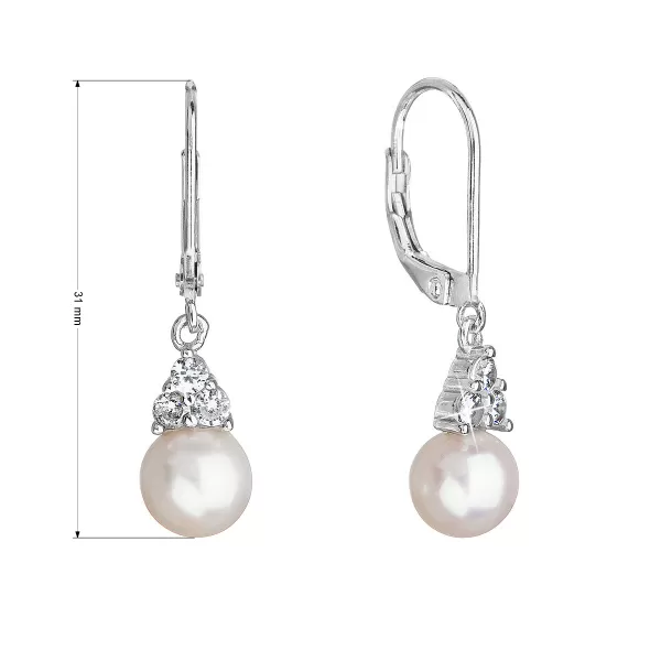 Stříbrné visací náušnice s bílou říční perlou a zirkony 21062.1