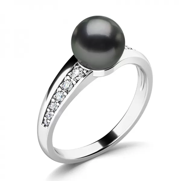 Prsten s černou perlou a brilianty 140012-B-FW-Black