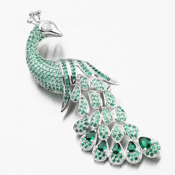 Stříbrná brož páv se zelenými zirkony PKL-6009