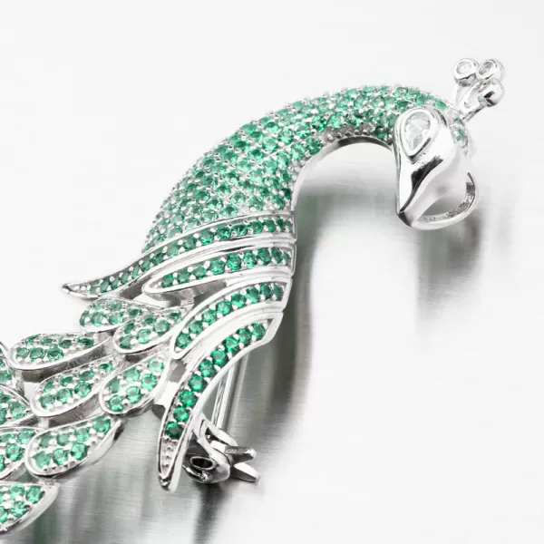 Stříbrná brož páv se zelenými zirkony PKL-6009