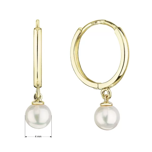 Zlaté 14 karátové náušnice kruhy žluté zlato s bílou říční perlou 91P00030