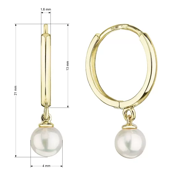 Zlaté 14 karátové náušnice kruhy žluté zlato s bílou říční perlou 91P00030