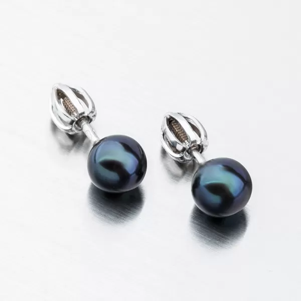 Náušnice pecky z bílého zlata s černou perlou