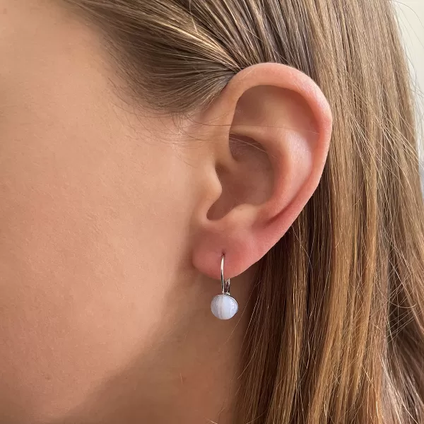 Stříbrné visací náušnice s pravými minerálními kameny kulaté 11481.3 Achát Blue Lace