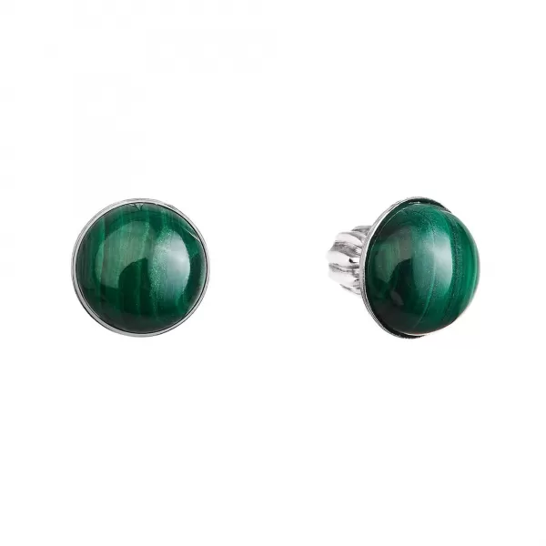Stříbrné náušnice pecky s pravými minerálními kameny kulaté 11491.3 Malachit