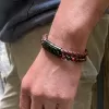 Pánský náramek s pravými kameny tygří oko a koženkovým zapleteným páskem 43022.3 hnědý 20,5cm