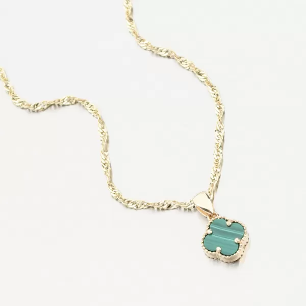 Dámský přívěsek žluté zlato 585 zeleným kamenem malachit čtyřlístek 13R-426