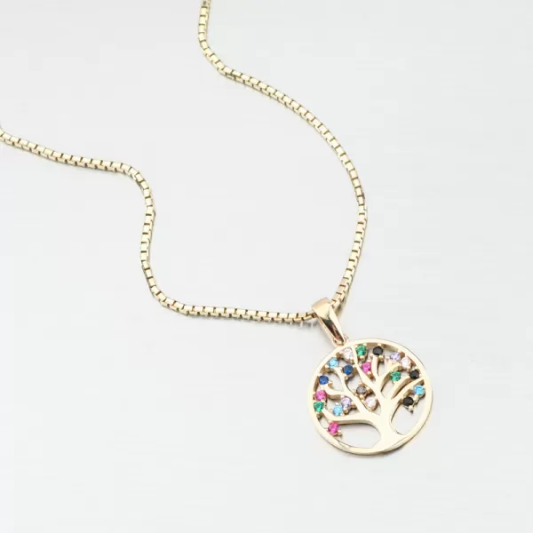Dámský přívěsek žluté zlato 585 zirkon strom života s barevnými 43-22207