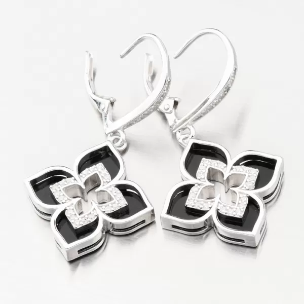 Stříbrné náušnice květy se zirkony a s onyxem PKL-2197