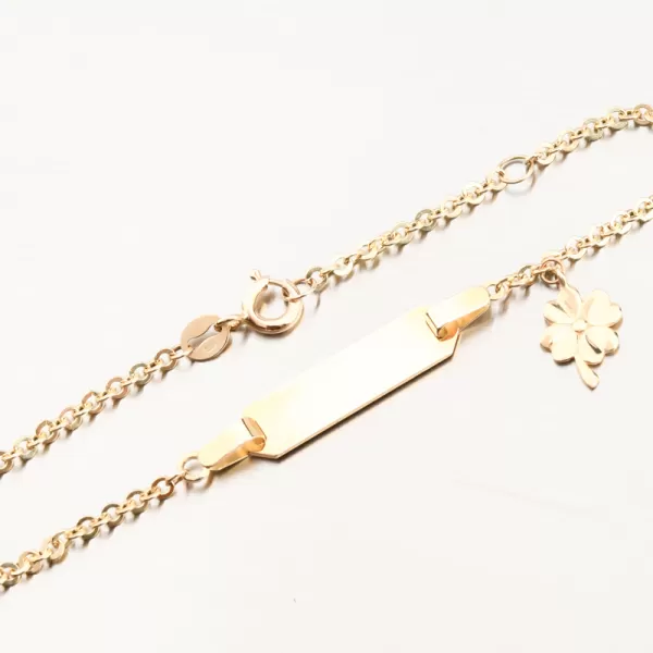 Dětský náramek žluté zlato 585 s destičkou a čtyřlístkem 144P-141312