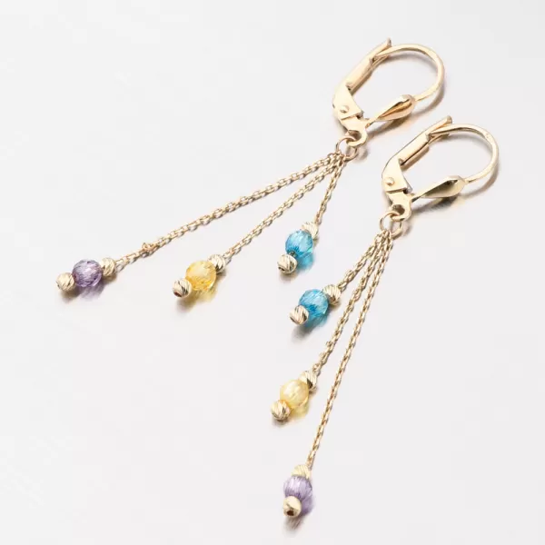 Dámské náušnice žluté zlato 585 zirkon visací s barevnými PKL12-037