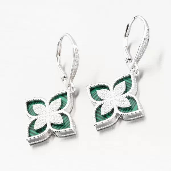 Stříbrné náušnice květy se zirkony a s malachitem PKL-2173