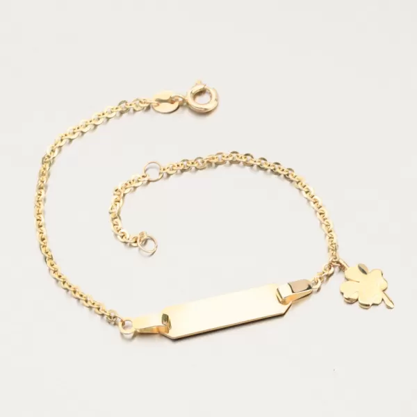 Dětský náramek žluté zlato 585 s destičkou a čtyřlístkem 144P-141312