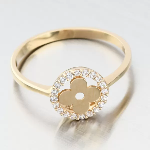 Dámský prsten žluté zlato 585 zirkon ve tvaru čtyřlístku 11R-359