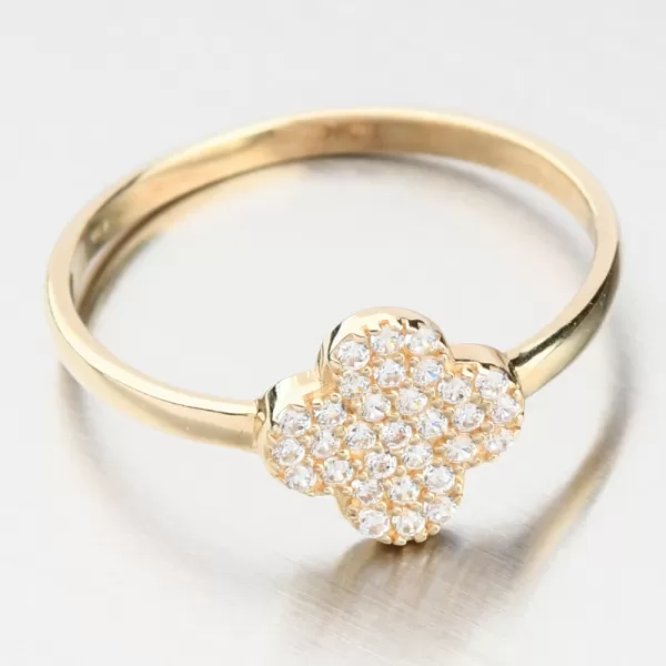 Dámský prsten žluté zlato 585 zirkon ve tvaru čtyřlístku 11R-357