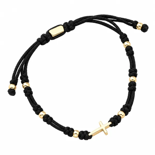 Náramek žluté zlato 585 černý provázkový s křížem 74-5191ZL-Black