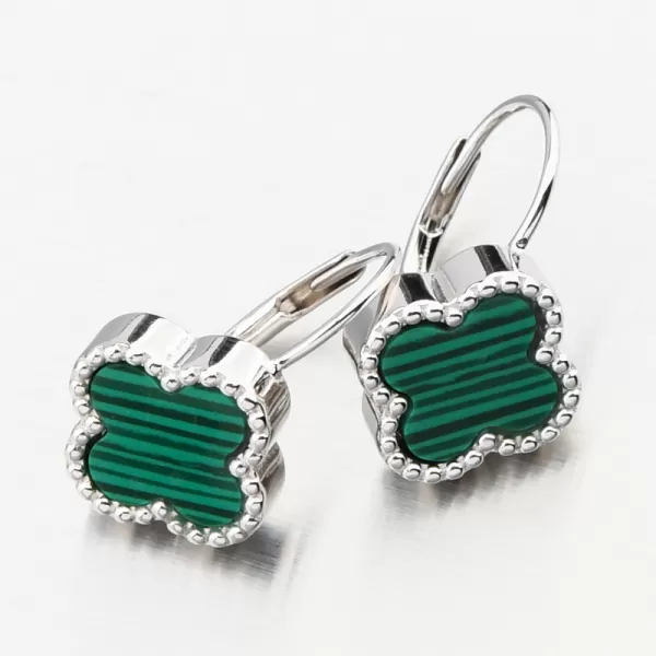 Stříbrné náušnice čtyřlístky s malachitem PKL-2226